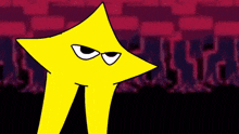 a yellow star with a black eye is standing in front of a brick wall and looking at the camera .
