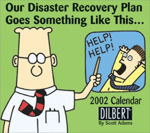 a 2002 calendar by dilbert shows a cartoon of a man pointing to another man