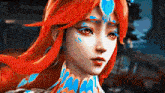 a close up of a woman 's face with red hair and blue paint on her face