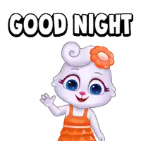 a cartoon rabbit with an orange flower on her head is waving and says good night
