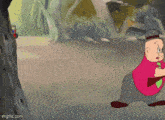 a cartoon character is standing next to a tree while another cartoon character is riding a tricycle .