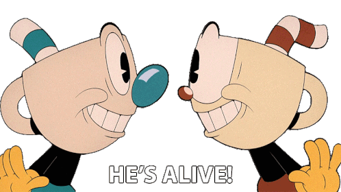 Hes Alive Mugman Sticker - Hes Alive Mugman Cuphead Stickers