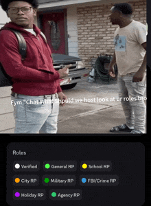 a screenshot of two men standing next to each other with the caption " fym " chat what should we host look at our roles bro "