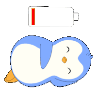 a cartoon penguin is laying down with a very low battery behind it