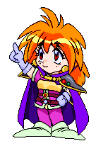 a pixel art drawing of a girl with red hair and a purple cape