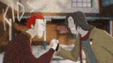 a cartoon drawing of two men shaking hands with the letter kd behind them