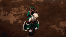 izuku midoriya from my hero academia is standing on a dirt ground with his mouth open .