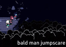 a video game scene with the words bald man jumpscare at the top