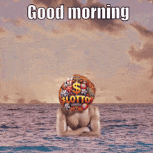 a man with a lotto logo on his head is in the ocean