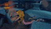 a pixel art of a person in a yellow jacket standing in front of a purple light .