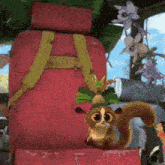 a cartoon squirrel wearing a hat is sitting next to a red bag