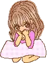 a pixel art of a girl covering her face with her hands while sitting at a table .