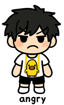 a cartoon of a boy with a yellow duck on his shirt and the word angry below him