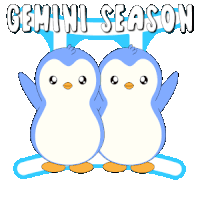 two penguins are standing next to each other with the words gemini season written above them