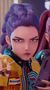 a girl with purple hair has a patch on her jacket that says rhythm