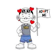 a cartoon character holding a flag that says adopt me on it