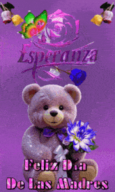 a purple teddy bear with flowers and the words feliz dia de las madres on the bottom