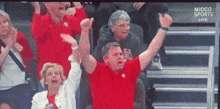 a man in a red shirt with a ucsd logo on his chest is raising his arms in the air