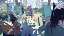 a group of anime characters are gathered around a table playing a game of mahjong