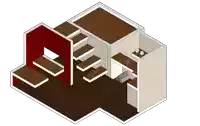 an isometric drawing of a room with stairs and a wall