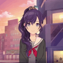 a girl with purple hair and blue eyes stands in front of a building that says happy holidays