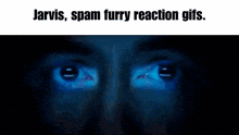 a close up of a man 's eyes with the words jarvis spam furry reaction gifs below them