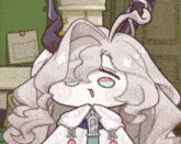 a cartoon character with long white hair and a tie is making a face .