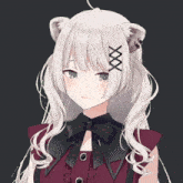 a white haired anime girl with a black ribbon around her neck