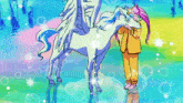 a cartoon of a woman hugging a unicorn