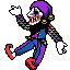 a pixel art drawing of a clown wearing a purple hat and rainbow colored pants .