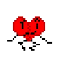 a pixel art of a heart with arms and legs holding a balloon .