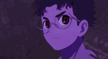 a close up of a cartoon character with purple hair and red eyes