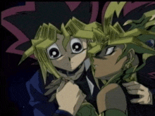 a couple of cartoon characters standing next to each other with their eyes closed
