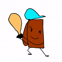 a cartoon drawing of a book with a blue hat holding a bat
