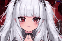 a close up of a girl with white hair and red eyes wearing a choker and a cross necklace .