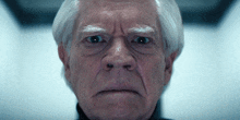 a close up of a man 's face with gray hair