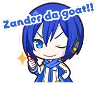 a cartoon character with blue hair and headphones says zander da goat !!