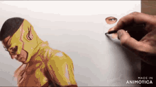 a drawing of a man in a yellow superhero costume is made in animatica