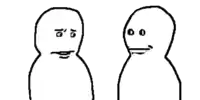 two cartoon characters are standing next to each other and looking at each other .