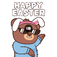 a teddy bear wearing bunny ears and sunglasses says happy easter