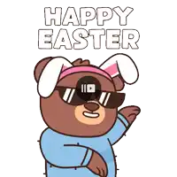 a teddy bear wearing bunny ears and sunglasses says happy easter