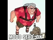 a cartoon character is wearing a red shirt and suspenders and is standing next to a satellite dish .