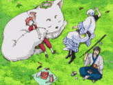 a group of anime characters are laying in the grass with a large white cat