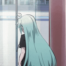 a girl with long blue hair looks out a window