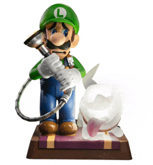 a statue of luigi holding a pipe and a ghost