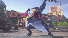 a cartoon character is holding balloons in a town square