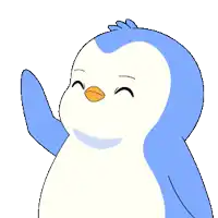 a blue and white penguin with a red beak is making a funny face