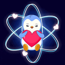a penguin is holding a heart surrounded by hearts and atoms