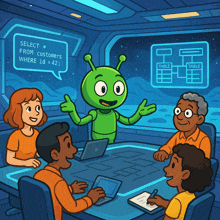 a cartoon illustration of a group of people sitting around a table with a green alien talking