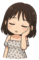 a cartoon drawing of a girl with her eyes closed and her hand on her face
